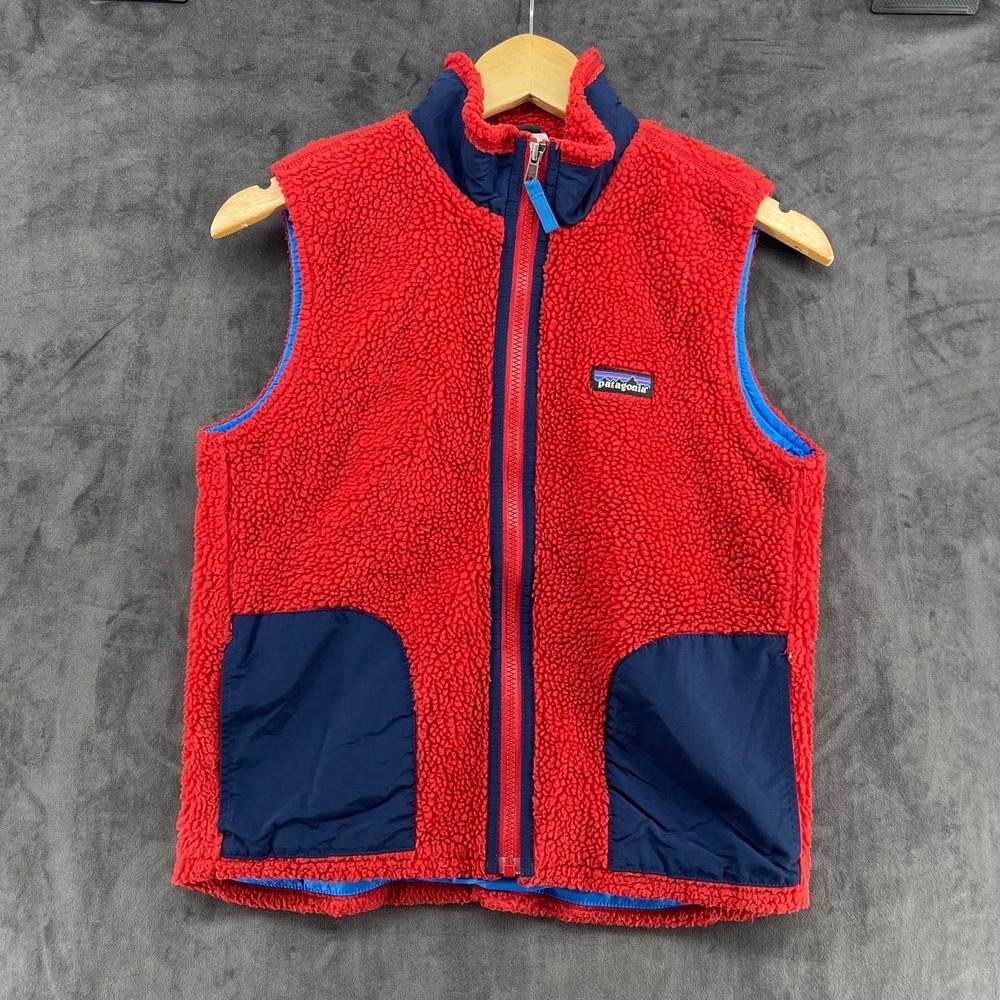 Patagonia Kids Retro-X Fleece Vest Red Navy Blue Large 12 Full Zip Sherpa